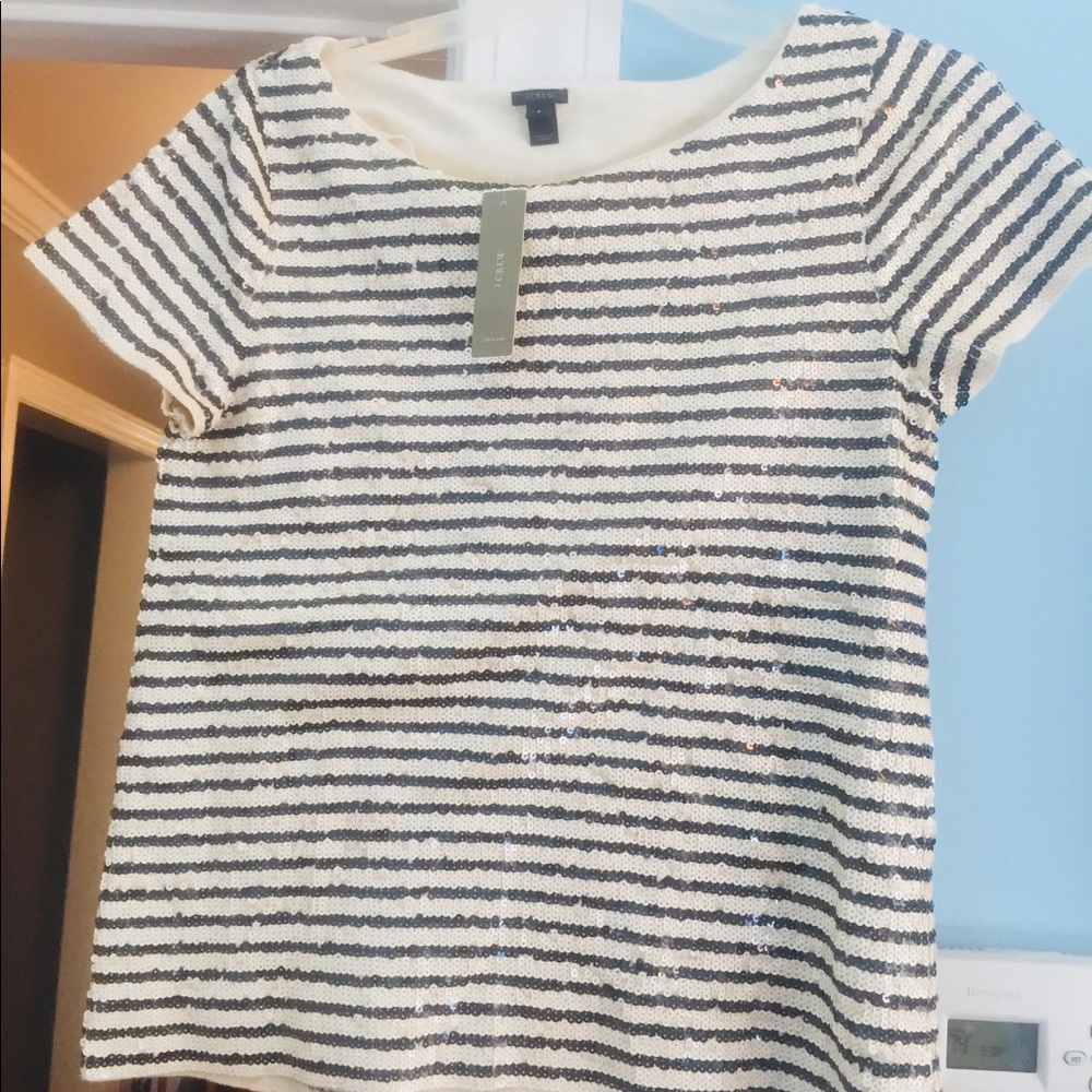NWT J Crew sequin tee- b&w striped
